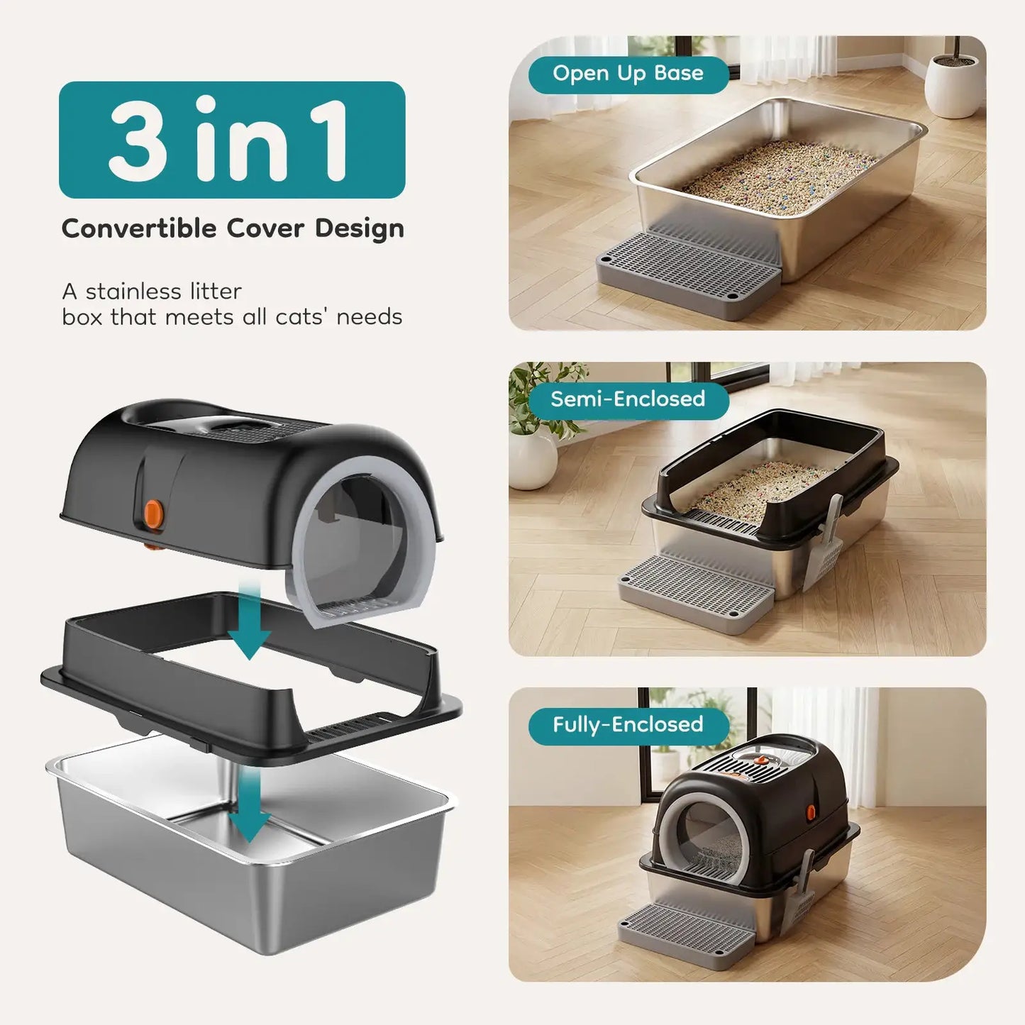 JHK 24IN Stainless Steel Cat Litter Box with Fully Enclosed 30L Large Cat Litter Box for Big Cats Cat Box Scoop and Mat Included by Furtastic Pet Essentials