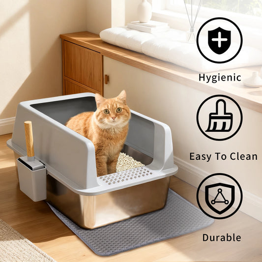 Stainless Steel Cat Litter Tray Open High Sided With Mat