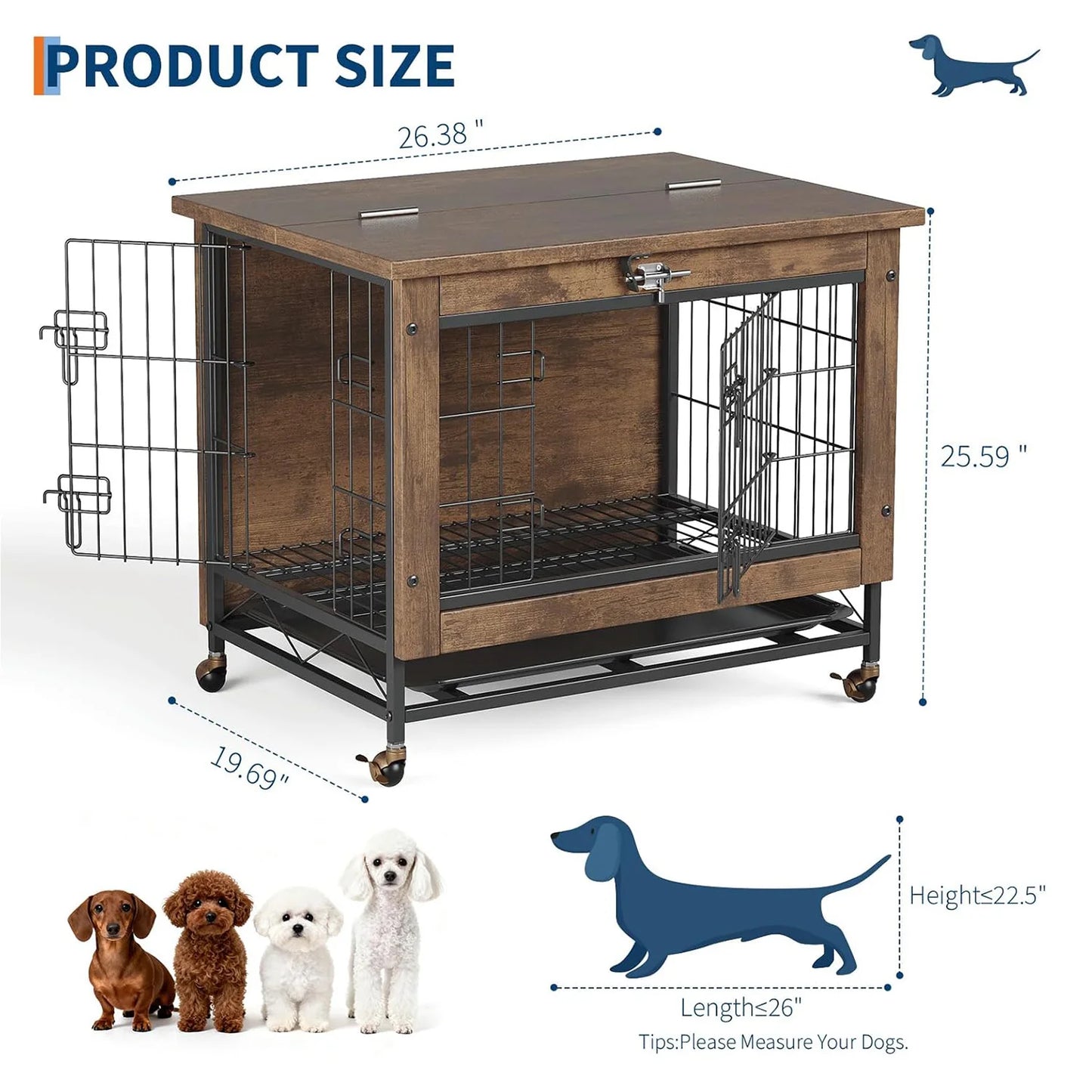 HiMISS Dog Crate Furniture With Wheels Two Doors Tray