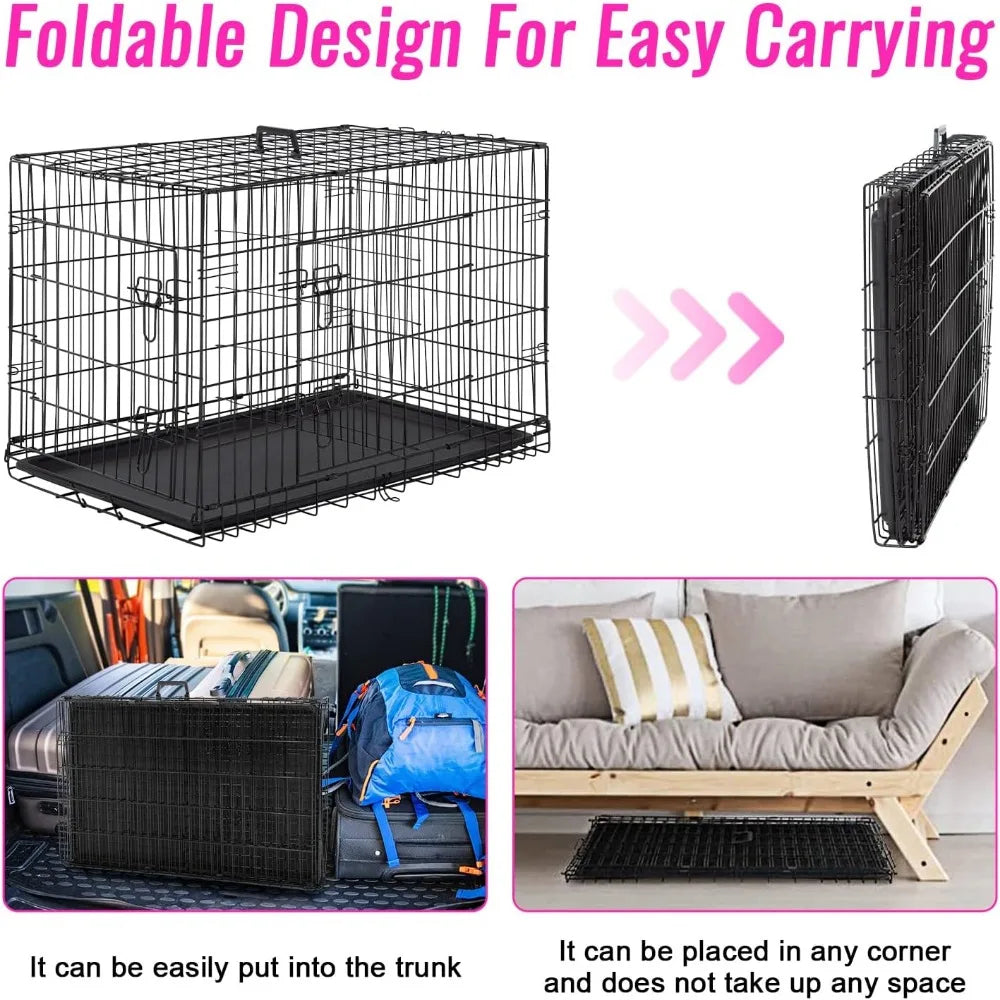 Folding Metal Dog Crate For Large Dogs With Double Door Indoor Outdoor