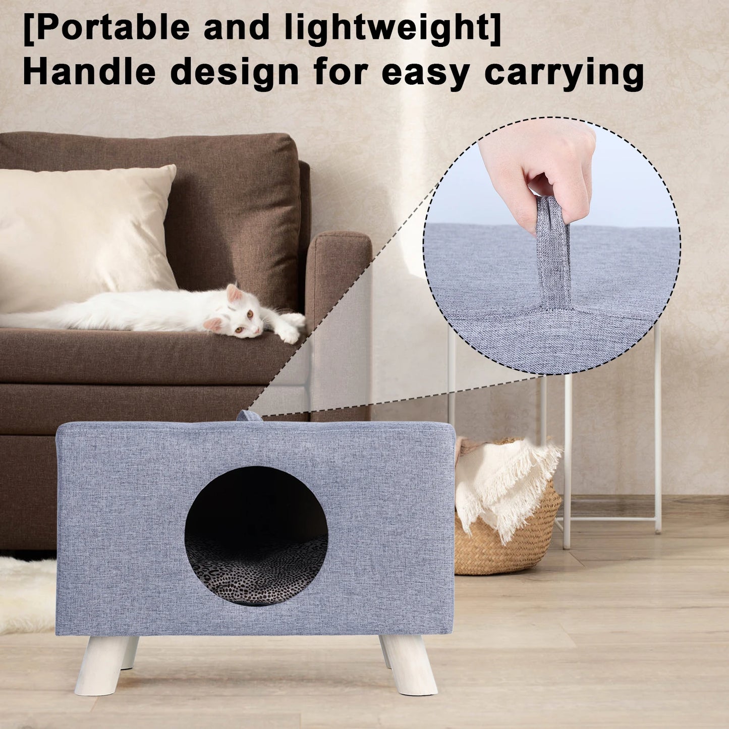 Wooden Cat House Cube Bed With Mat Cushion For Cats And Dogs