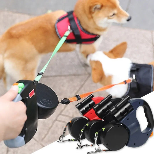 3in1 Automatic Retractable Dog Leash With Flashlight Poop Bag Dispenser