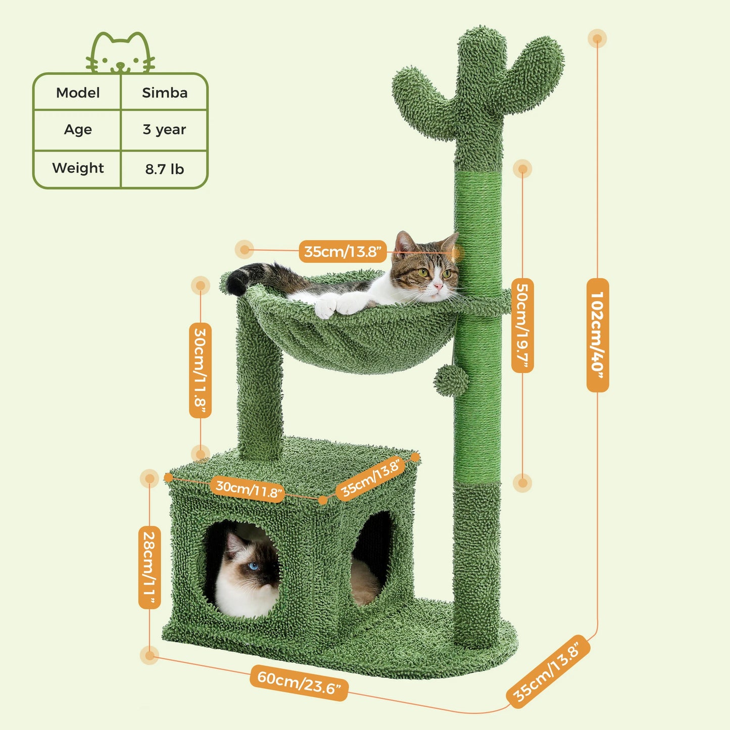 PEQULTICN Cactus Cat Tree With Condo Hammock Dangling Ball Scratching Post