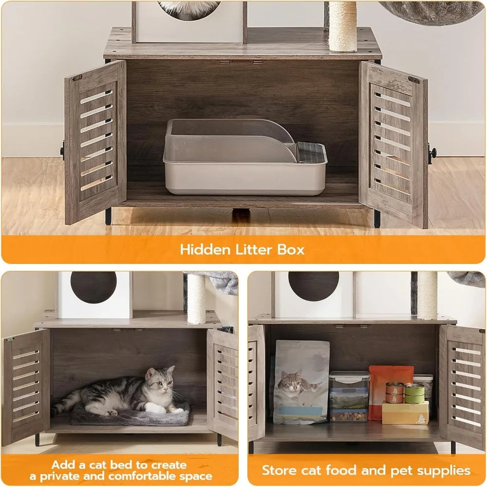 HOOBRO All In One Wooden Cat Tower With Litter Box Enclosure