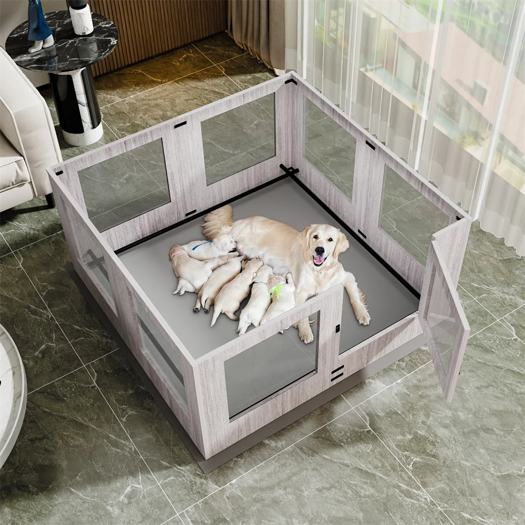High-Concerned Tempered Glass Pet Whelping Box With Waterproof Pad Playpen