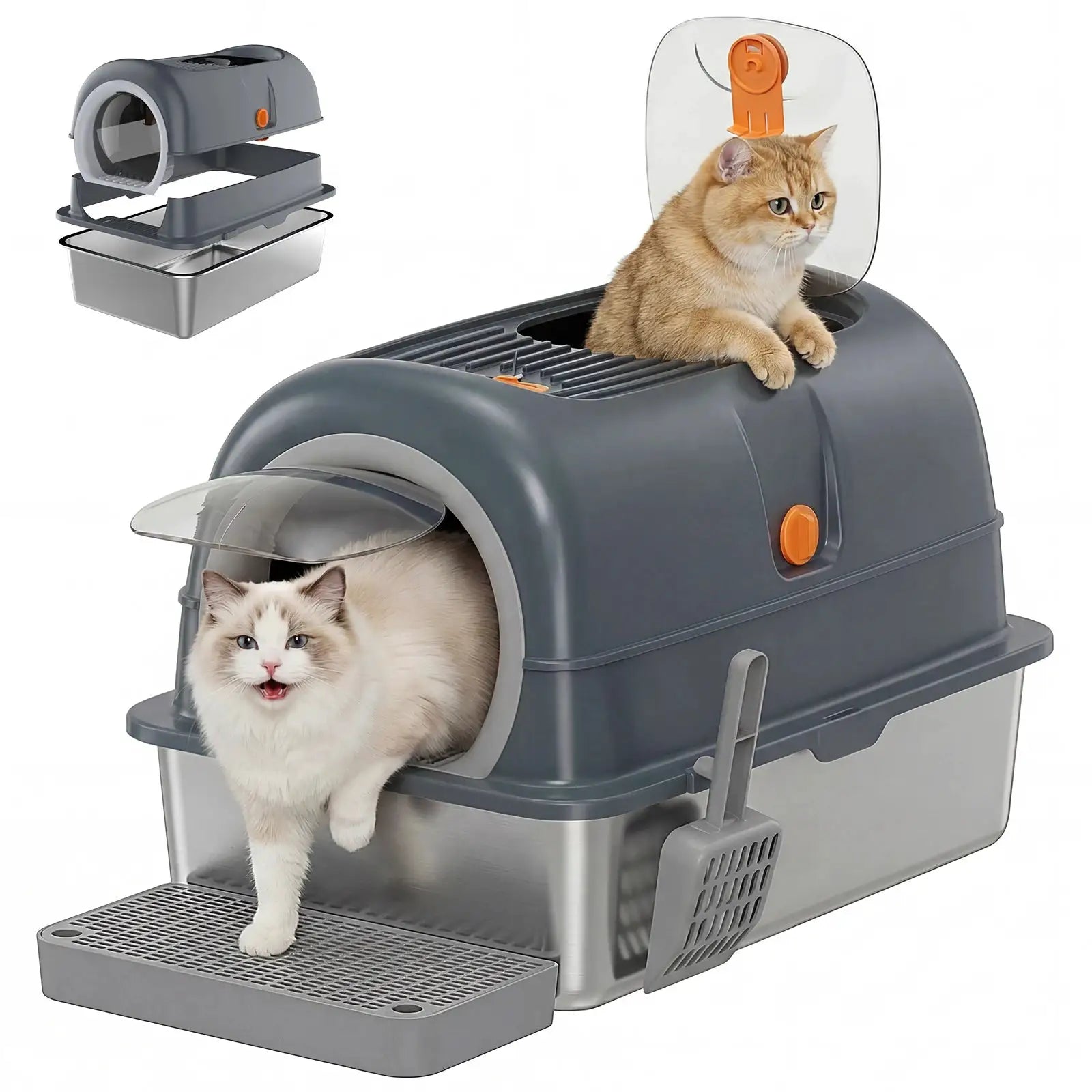 JHK 24IN Stainless Steel Cat Litter Box with Fully Enclosed 30L Large Cat Litter Box for Big Cats Cat Box Scoop and Mat Included by Furtastic Pet Essentials