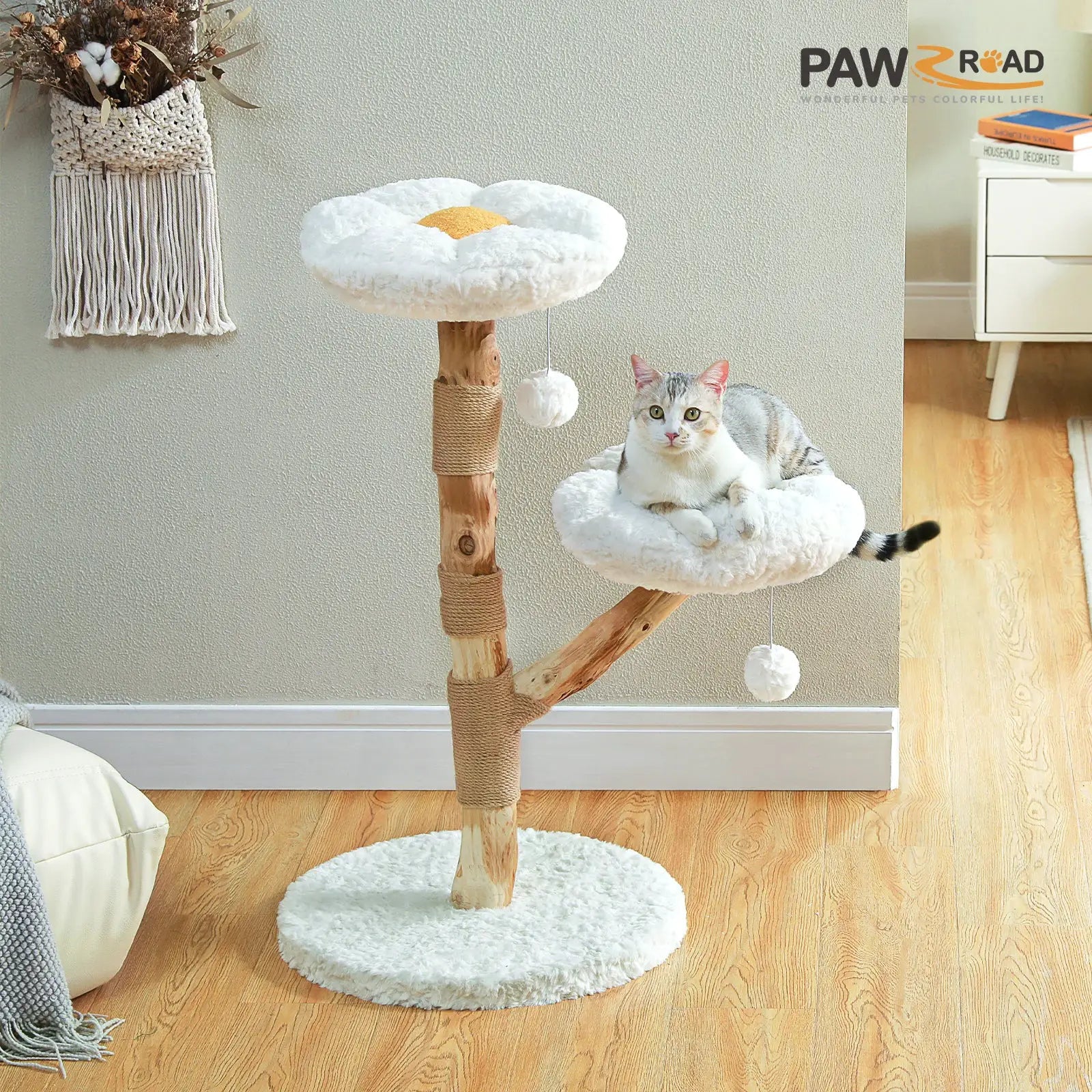 Modern Cat Tree Tower with Natural Solid Wood Scratching Posts Spacious Wicker Basket Luxury Cat Condo Bed for Indoor Cat Toys by Furtastic Pet Essentials