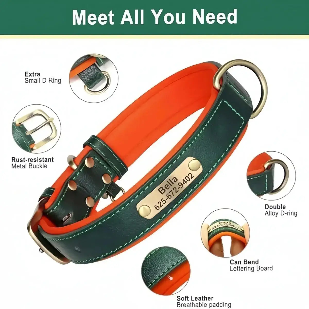 Personalized Customized Leather ID Nameplate Dog Collar Soft Padded Dogs Collars Free Engraving Name for Small Medium Large Dogs by Furtastic Pet Essentials