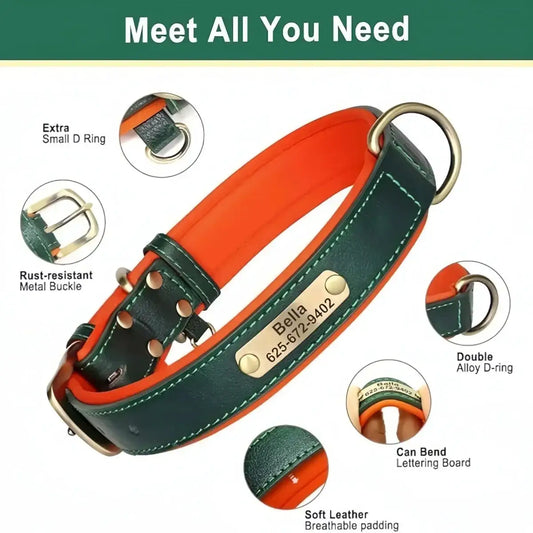 Personalized Customized Leather ID Nameplate Dog Collar Soft Padded Dogs Collars Free Engraving Name for Small Medium Large Dogs by Furtastic Pet Essentials