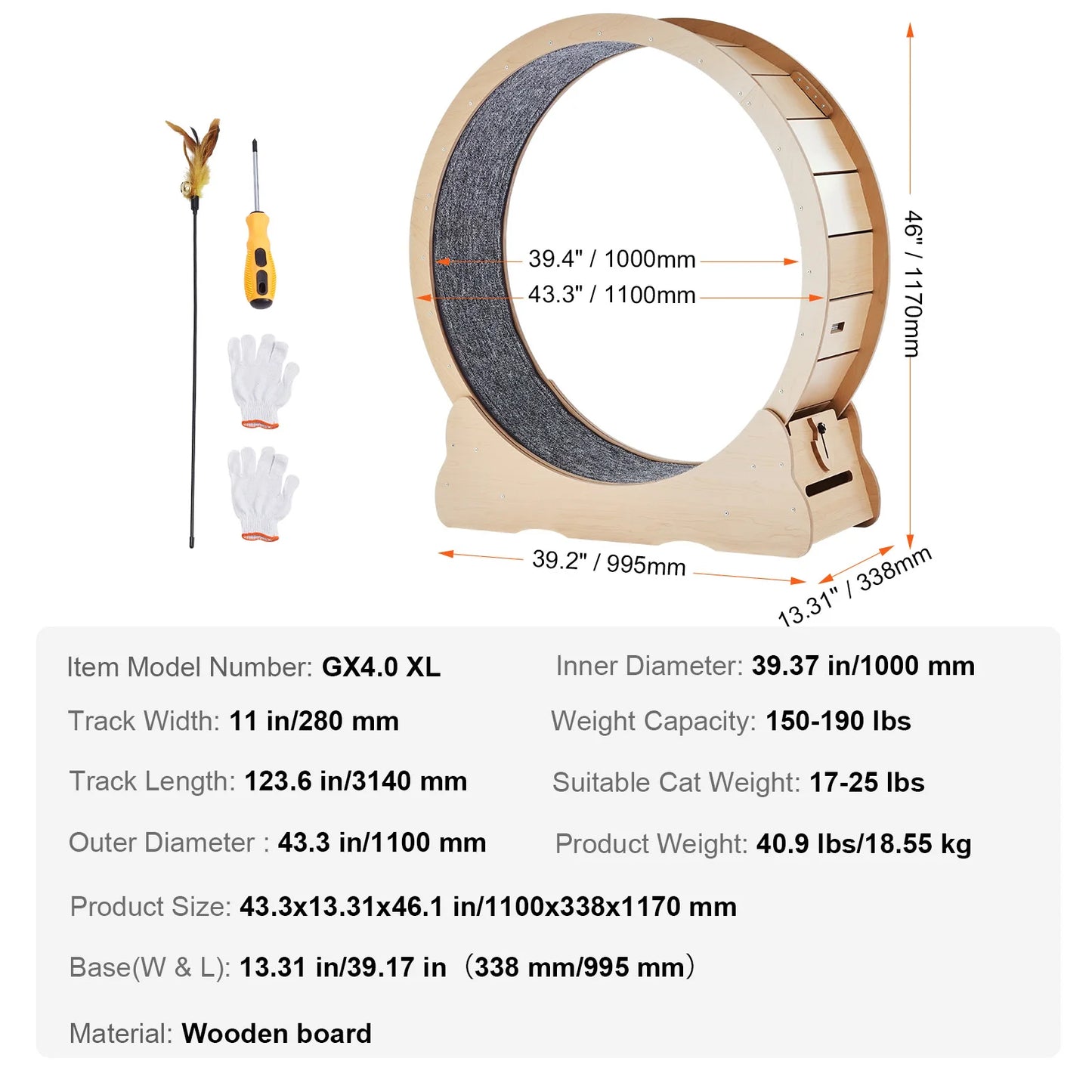 Wooden Cat Exercise Wheel for Indoor Cats with Detachable Carpet and Teaser
