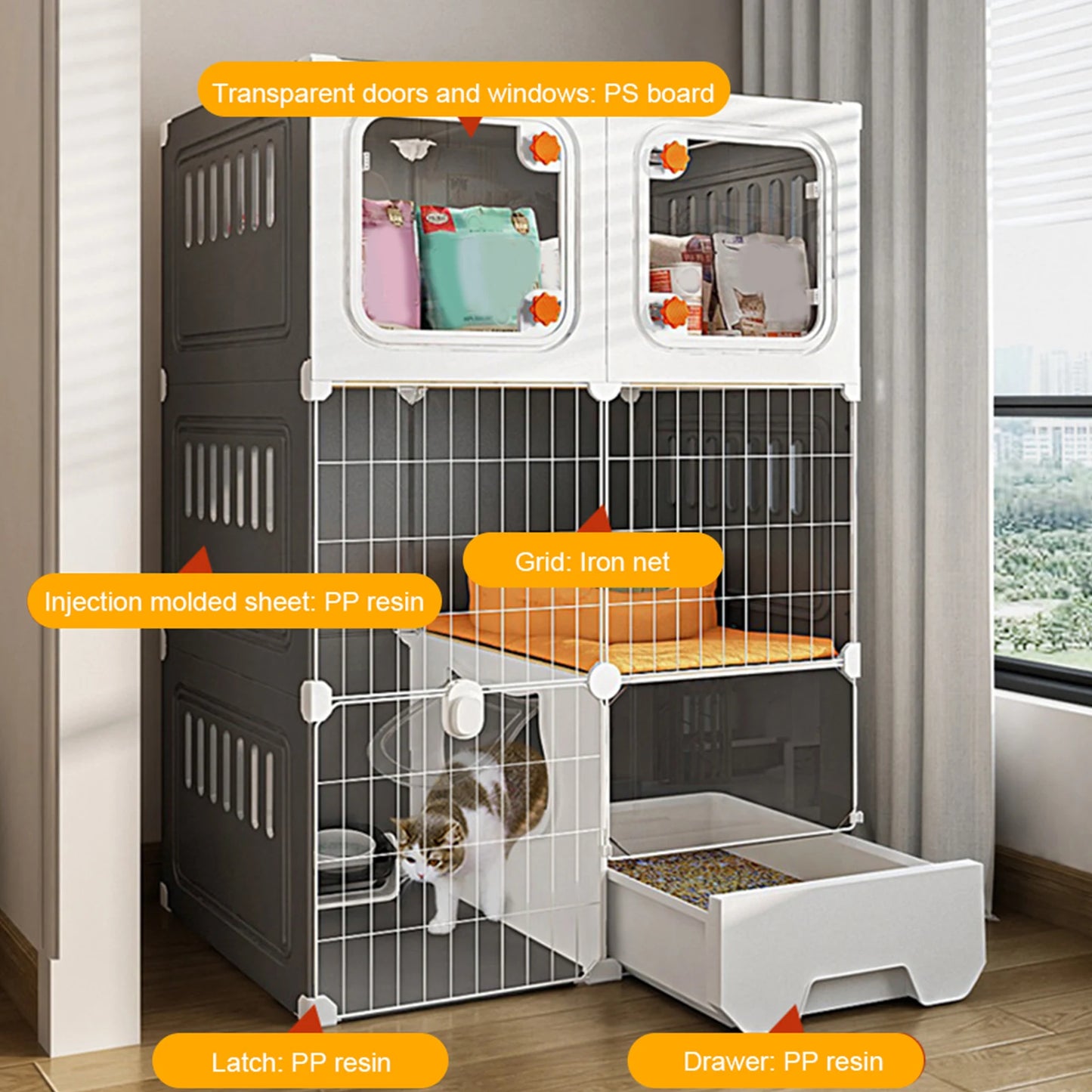 Integrated Cat House With Bed Indoor Cage Scratcher Crate Catio Villa
