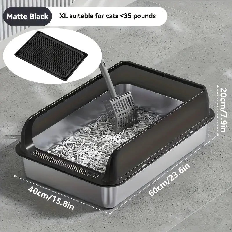 KEMORELA EXtra Large Stainless Steel Cat Litter Box with Lid - Enclosed LitterPan High-Sided Resistant Leak-Proof Cat Litter Mat by Furtastic Pet Essentials
