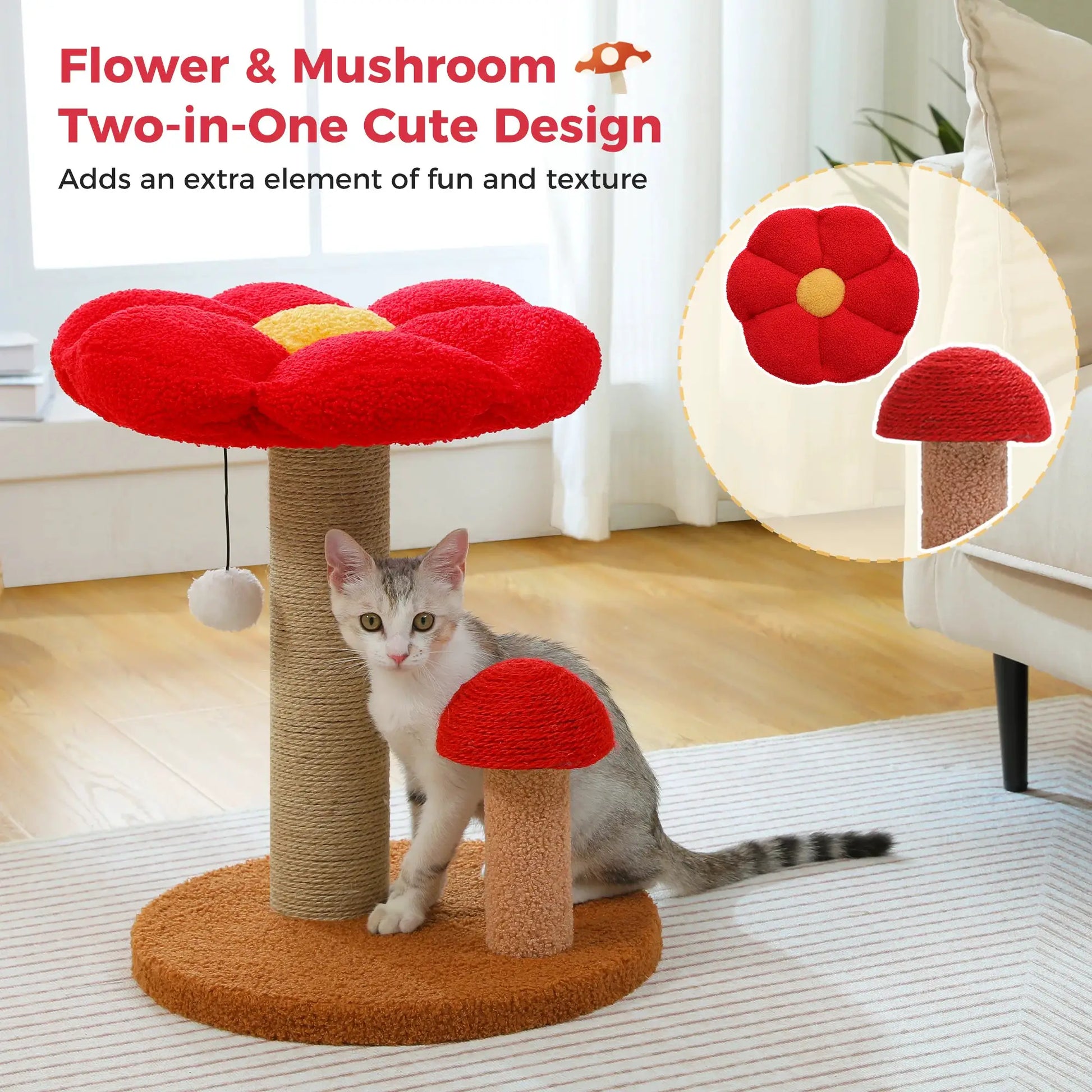 Small Cat Scratching Posts with Removable Flower Cat Bed Interactive Toy Ball Cute Mushroom Cat Scratcher for Indoor Cat Toys by Furtastic Pet Essentials