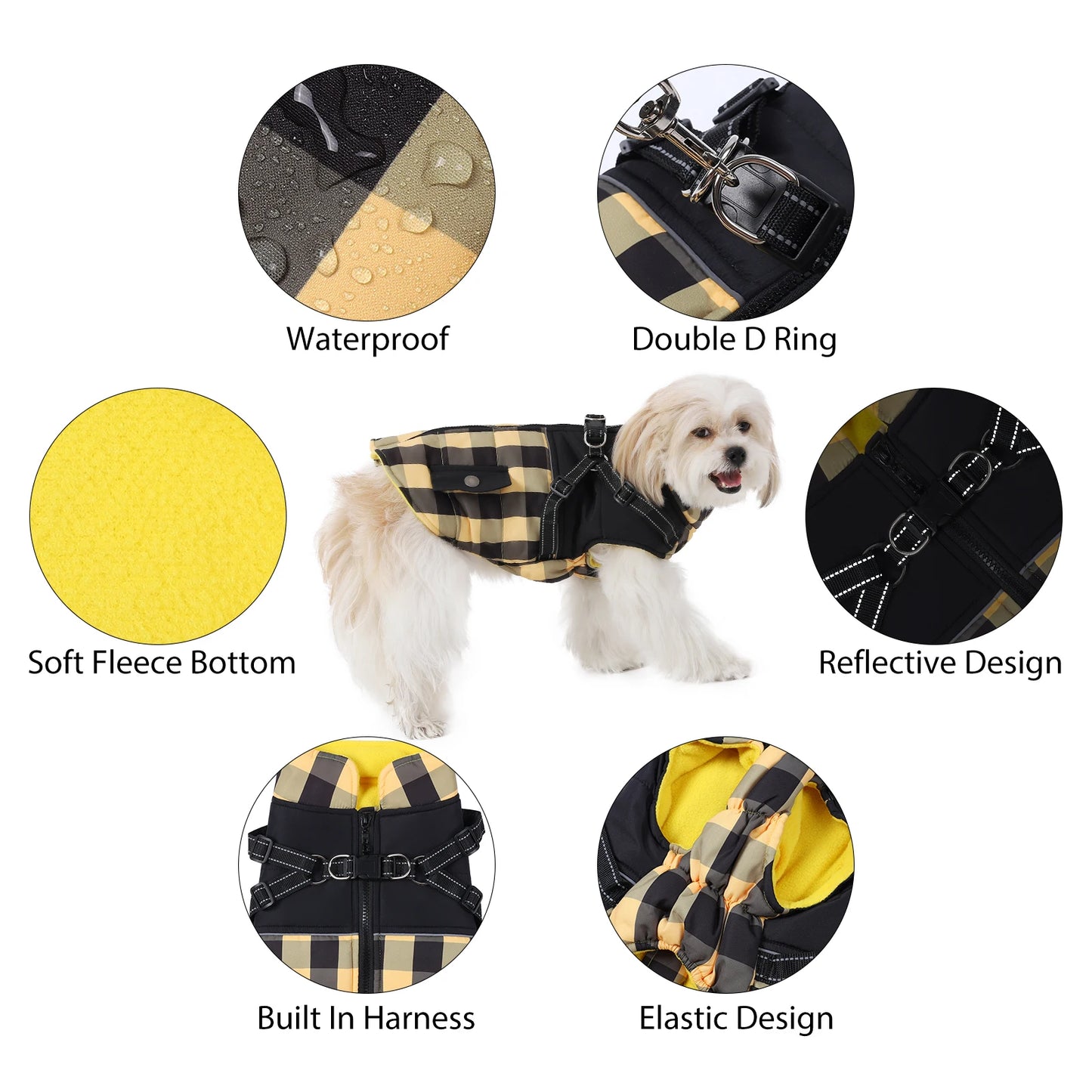 Plaid Padded Dog Jacket With Harness Windproof Cold Weather