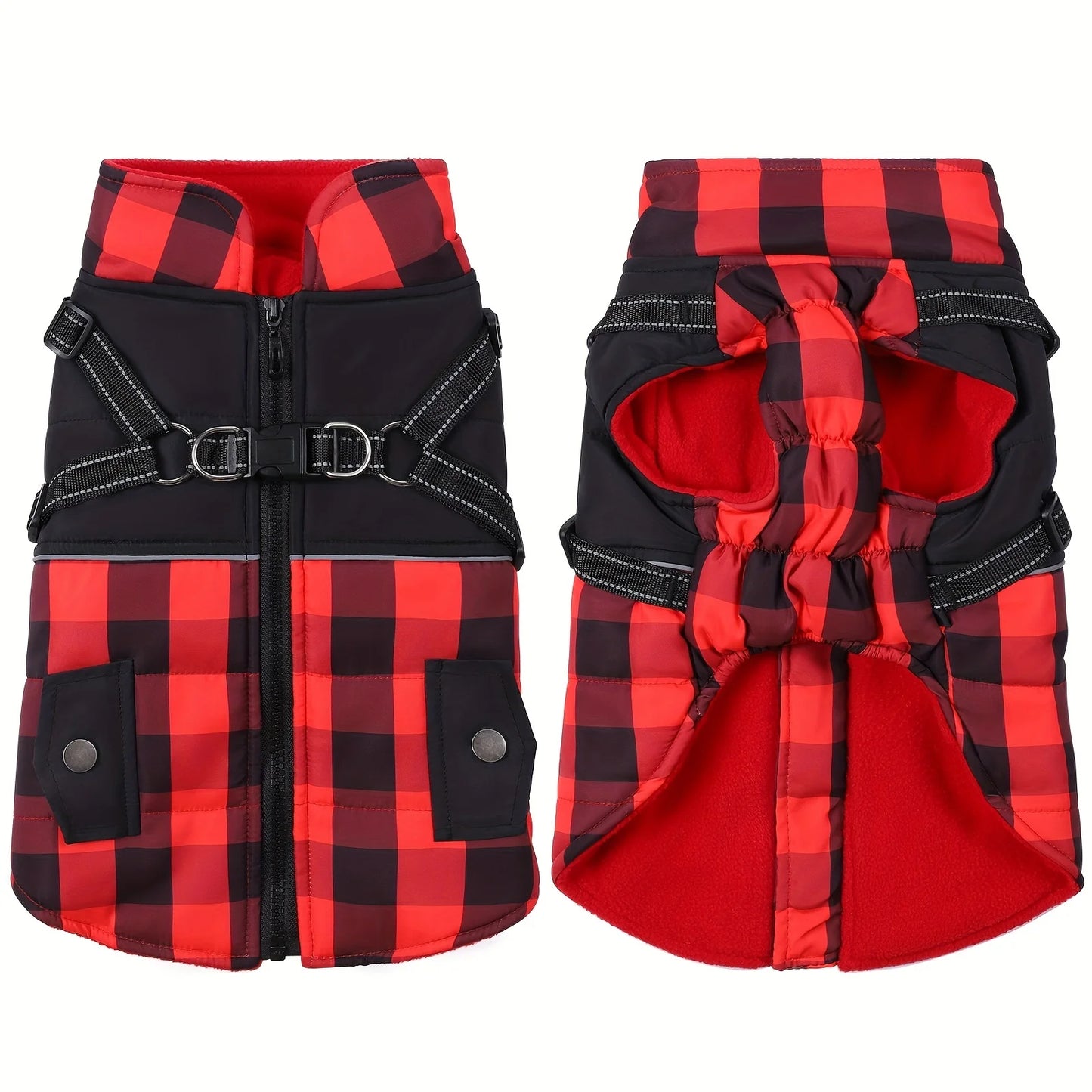 Plaid Padded Dog Jacket With Harness Windproof Cold Weather
