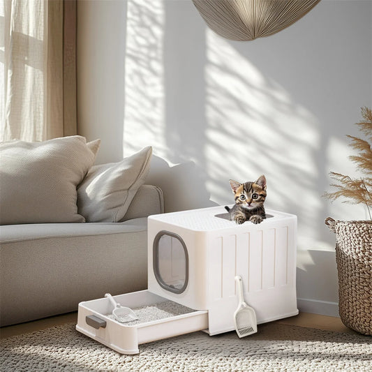 Foldable Top Entry Cat Litter Tray With Lid And Drawer