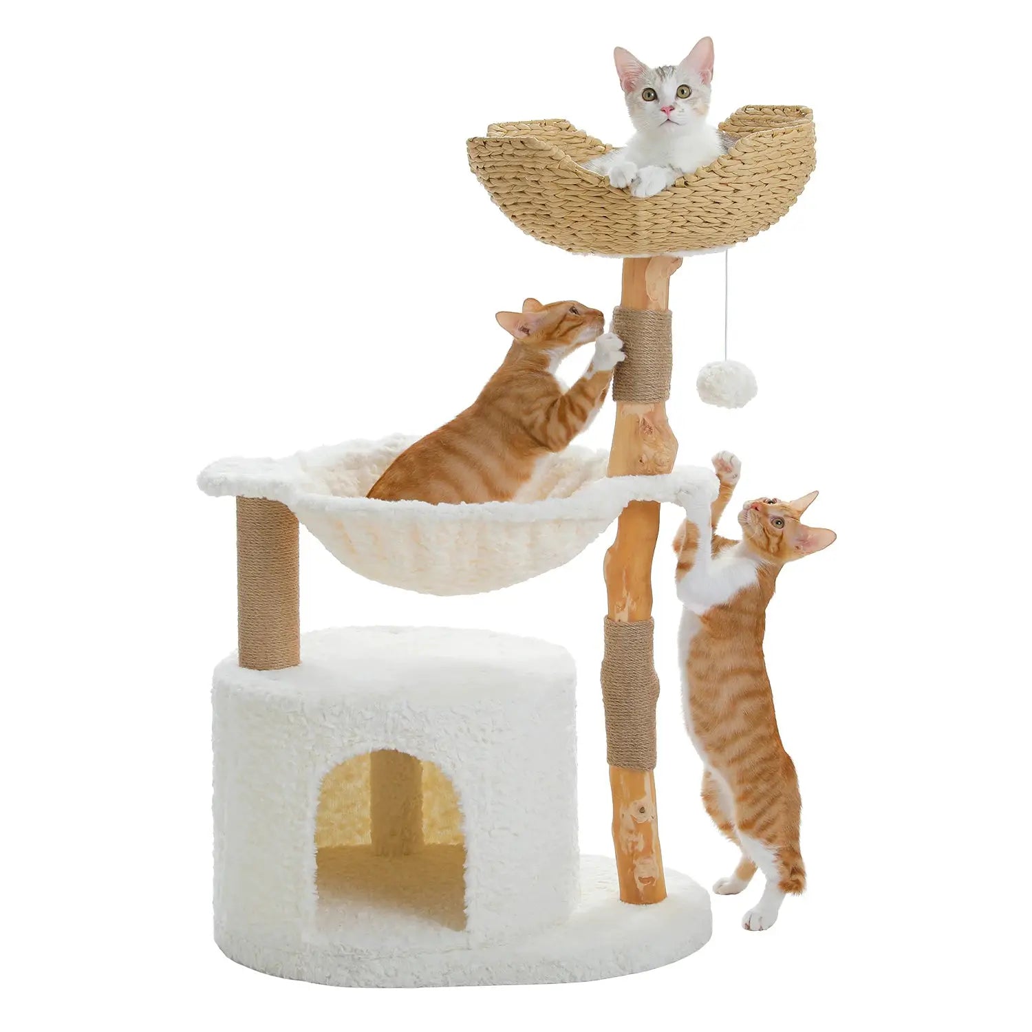 Modern Cat Tree Tower with Natural Solid Wood Scratching Posts Spacious Wicker Basket Luxury Cat Condo Bed for Indoor Cat Toys by Furtastic Pet Essentials