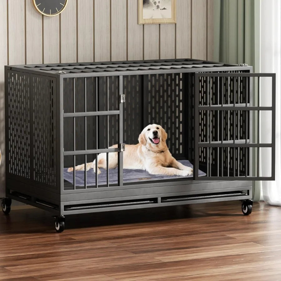 Heavy Duty Dog Crate With Wheels Folding Metal Cage Indestructible