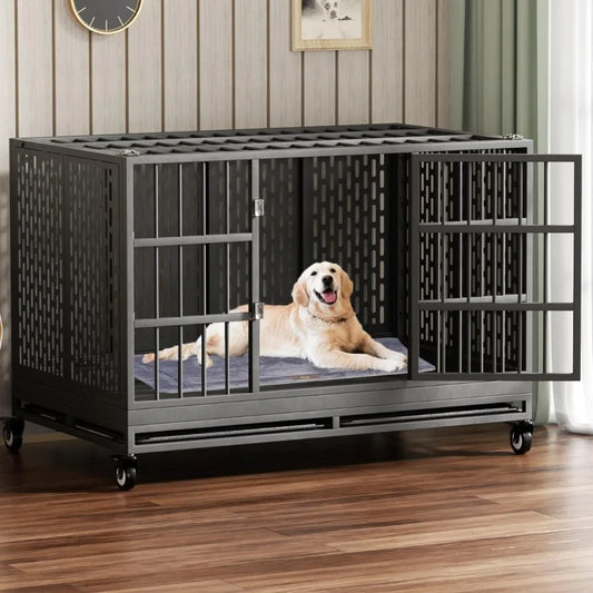 Heavy Duty Dog Crate With Wheels Folding Metal Cage Indestructible
