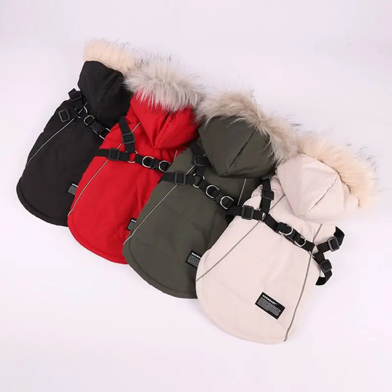 Autumn Winter Warm Dog Jacket With Harness Hooded Padded Coat
