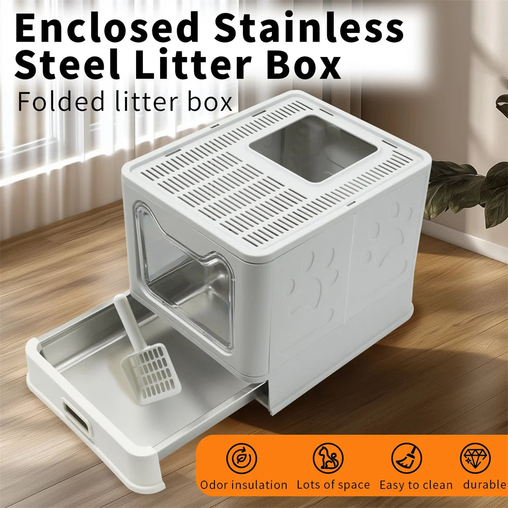 Enclosed Stainless Steel Cat Litter Box With Lid And Scoop