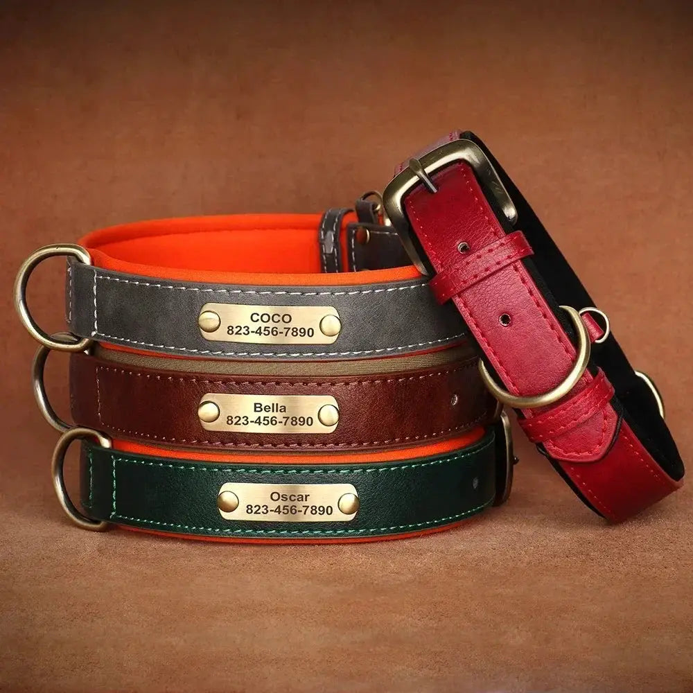 Personalized Customized Leather ID Nameplate Dog Collar Soft Padded Dogs Collars Free Engraving Name for Small Medium Large Dogs by Furtastic Pet Essentials