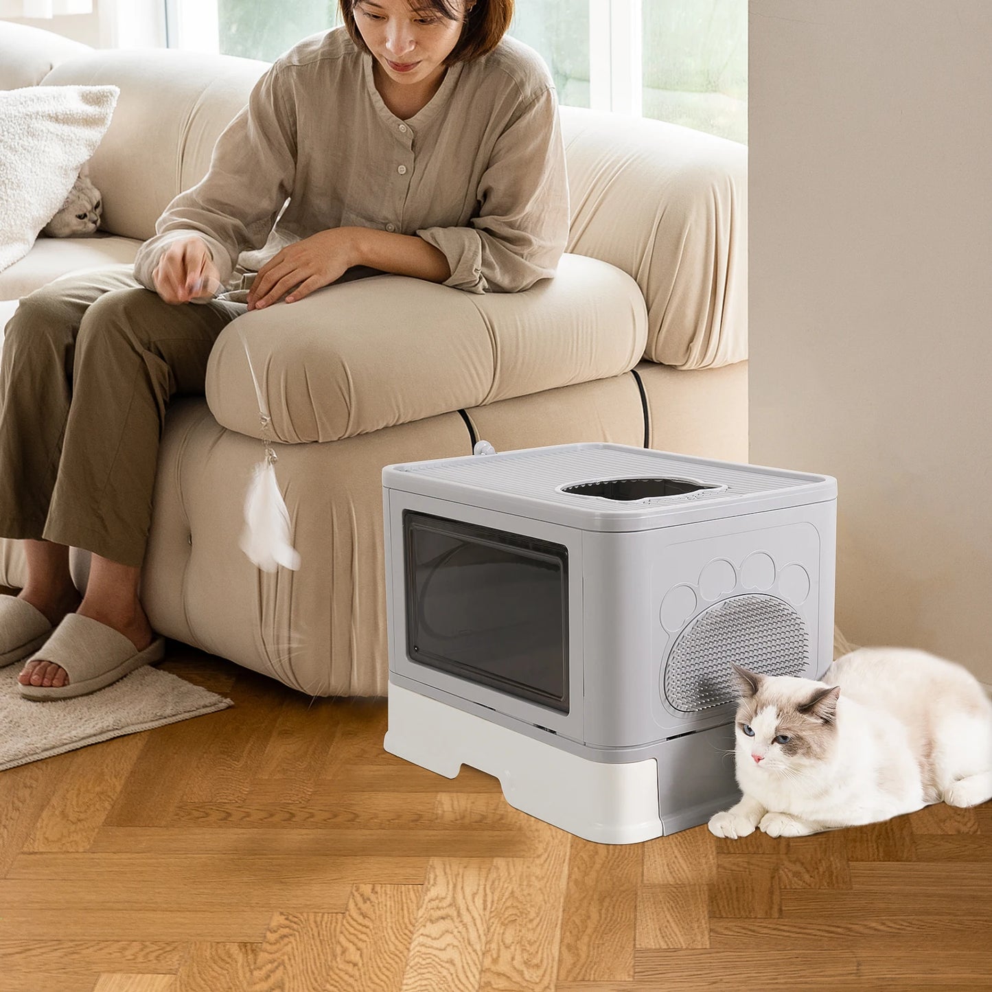 Cat Litter Box With Lid Enclosed Top Entry Anti Splashing