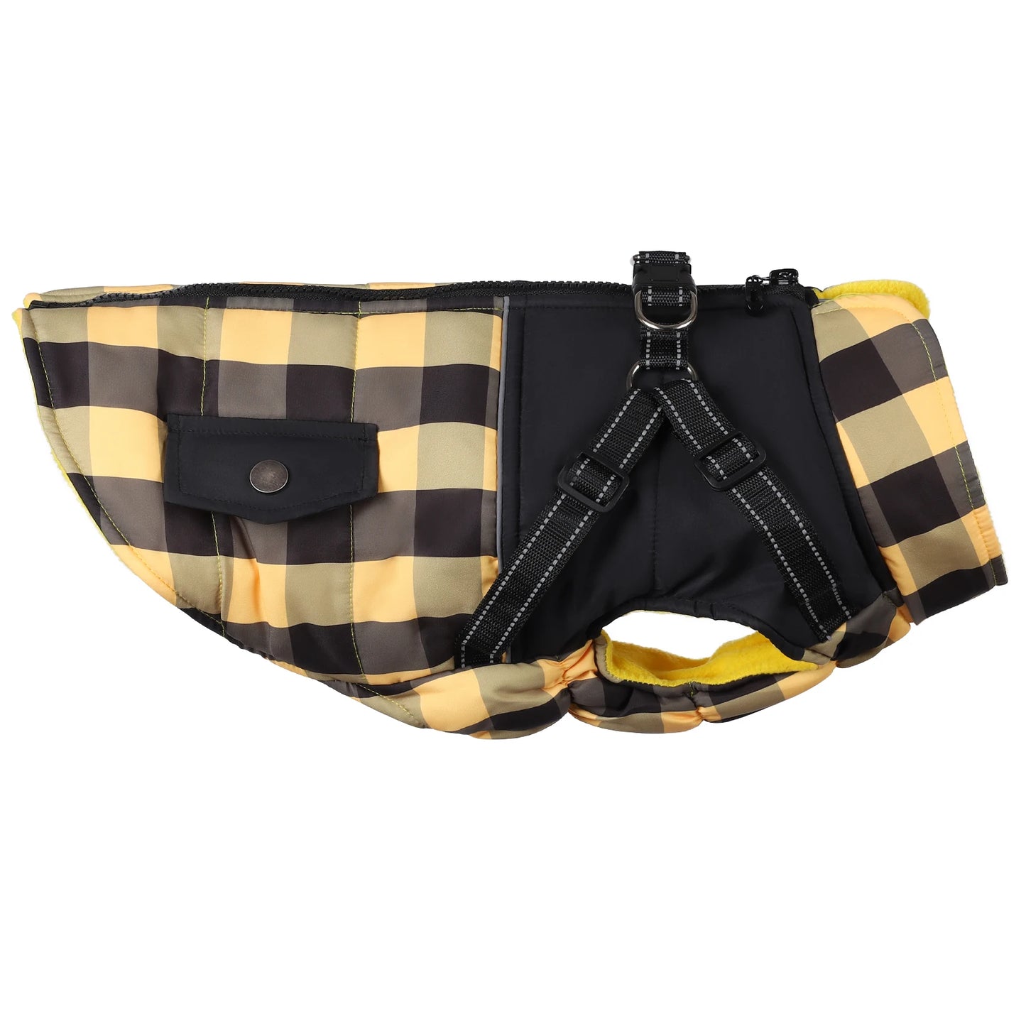 Plaid Padded Dog Jacket With Harness Windproof Cold Weather
