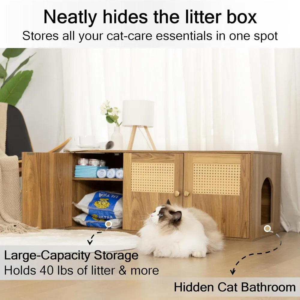 Wooden Cat Litter Box Enclosure With Storage And Adjustable Divider
