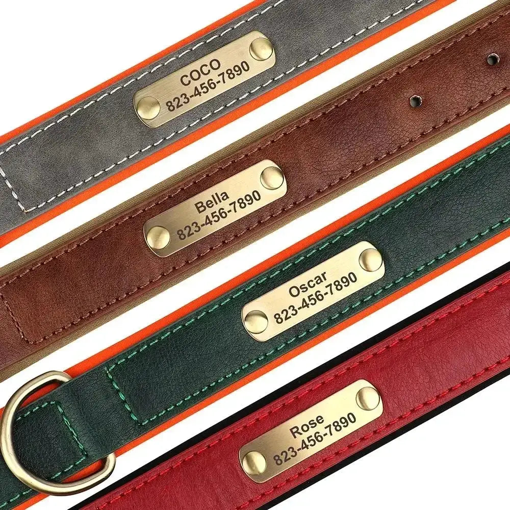 Personalized Customized Leather ID Nameplate Dog Collar Soft Padded Dogs Collars Free Engraving Name for Small Medium Large Dogs by Furtastic Pet Essentials