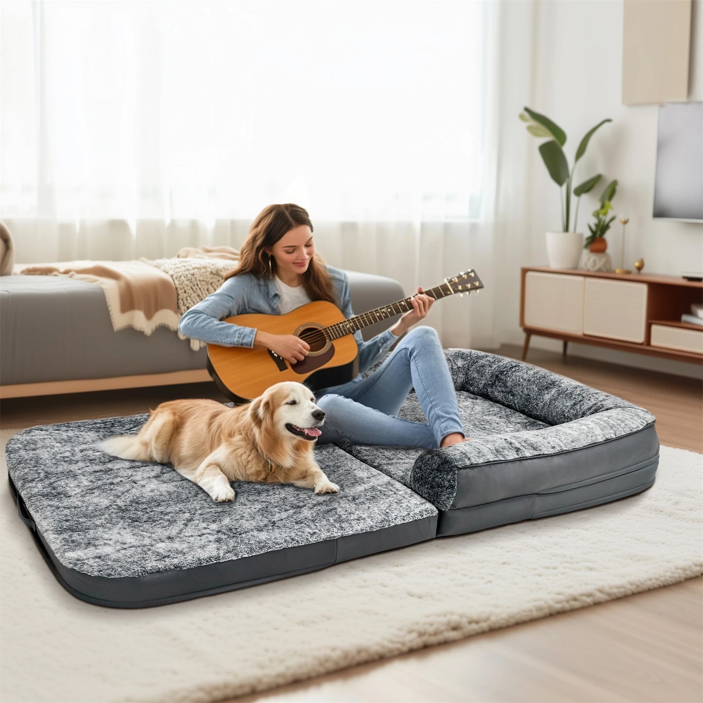 BINGOPAW Calming Foldable Orthopedic Dog Bed With Plush Cover Foam