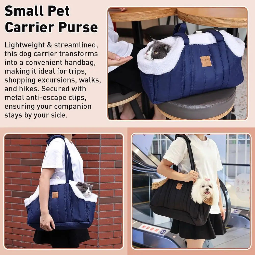 Winter Fleece Dog Carrier Purse With Secure Harness Clip