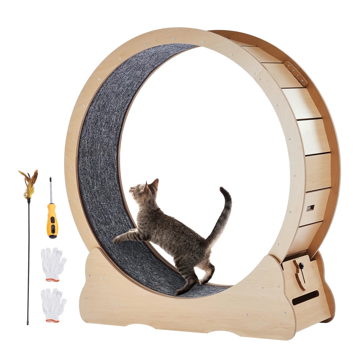 Wooden Cat Exercise Wheel for Indoor Cats with Detachable Carpet and Teaser