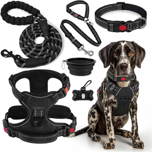 No Pull Dog Harness Set Leash Seat Belt Collapsible Bowls