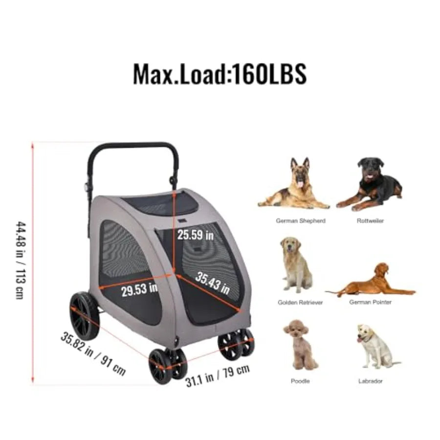 XMSJ Pet Stroller 4 Wheels Dog Carrier Brakes 160lbs Capacity