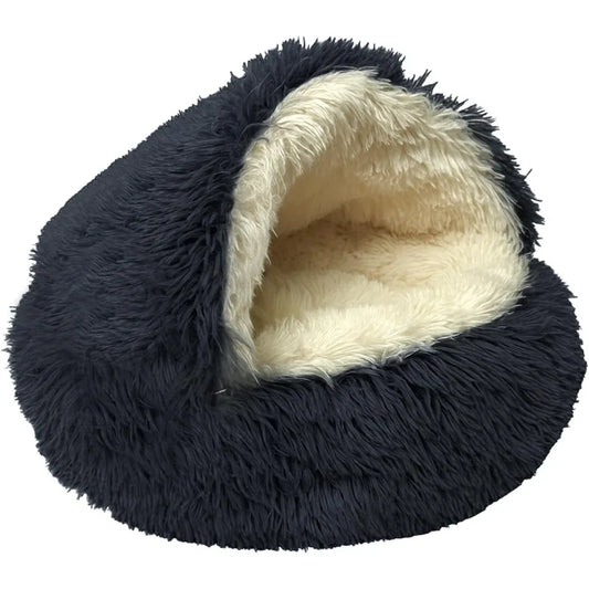 Round Plush Hooded Cat Bed Cave For Indoor Cats Dogs