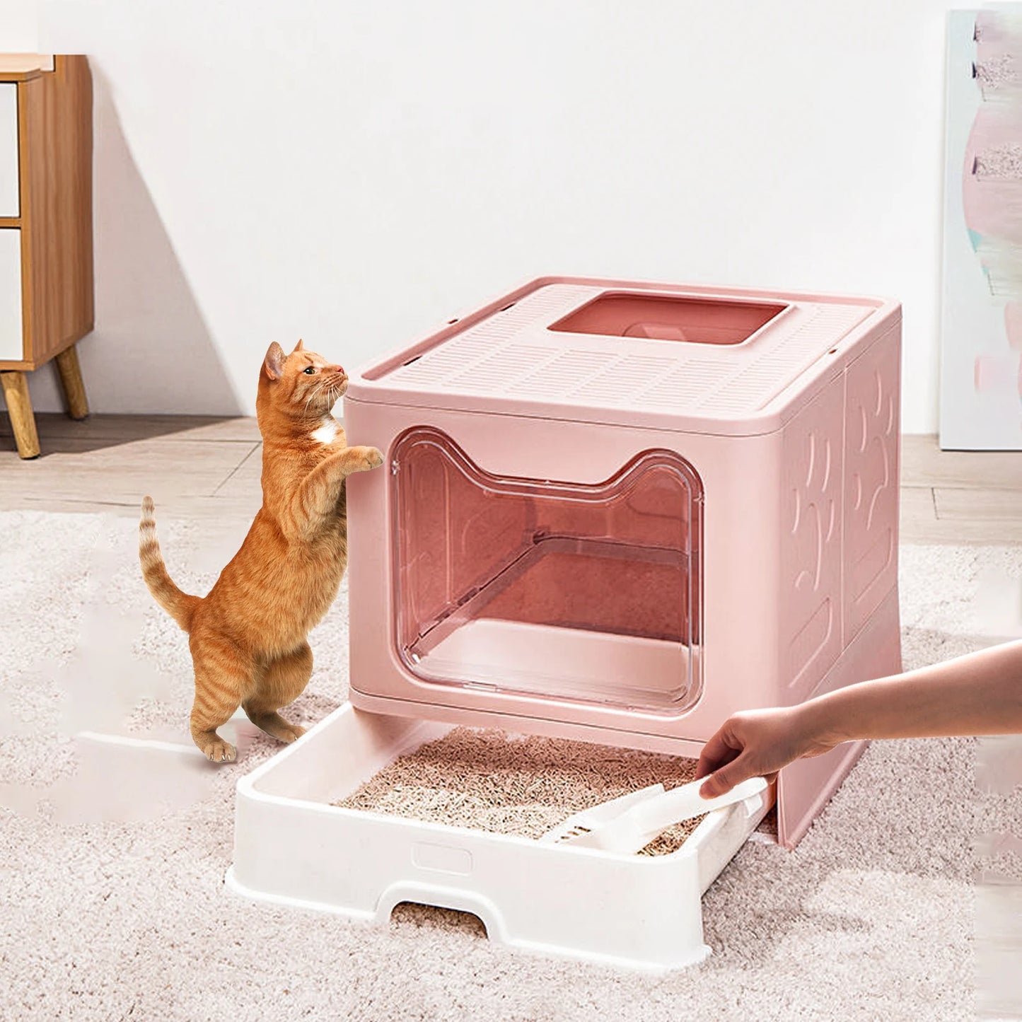 Feature Cat Litter Box Detachable Front Entry With Scoop Drawer