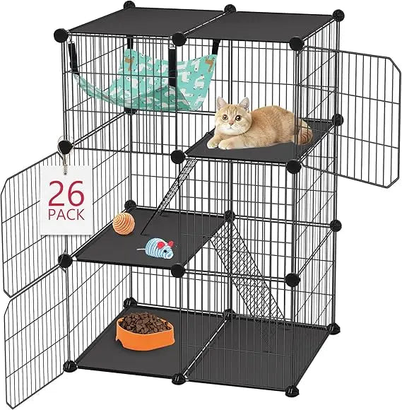 Three-Tier DIY Cat Cage Catio With Hammock For Indoor Outdoor