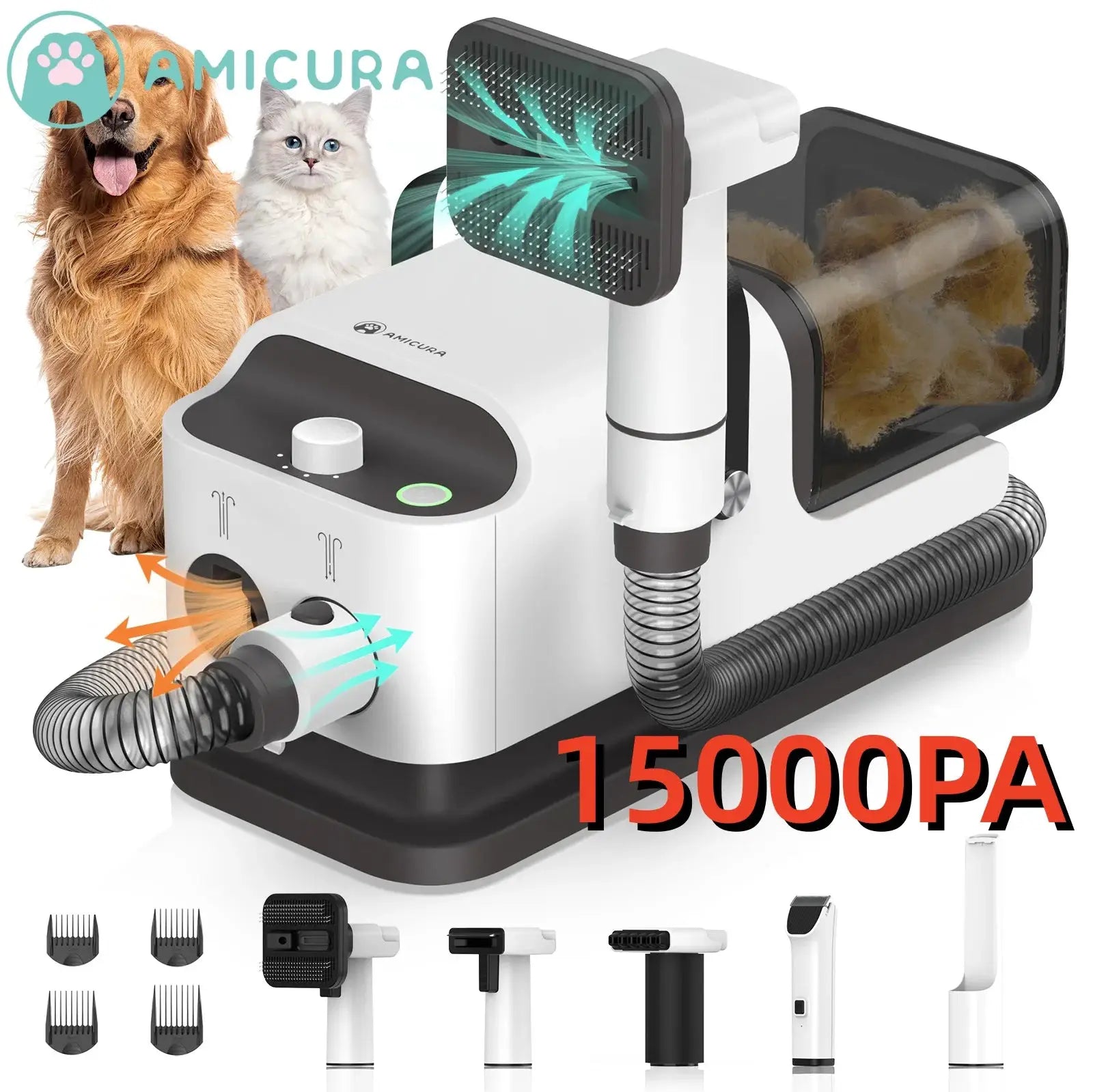 Amicura P1 Vacuum Cleaner & Hair Dryer 15kpa, Pet Grooming Set Adjustable Speed and Temperature, 5 Proven Care Tools Dog Clipper by Furtastic Pet Essentials