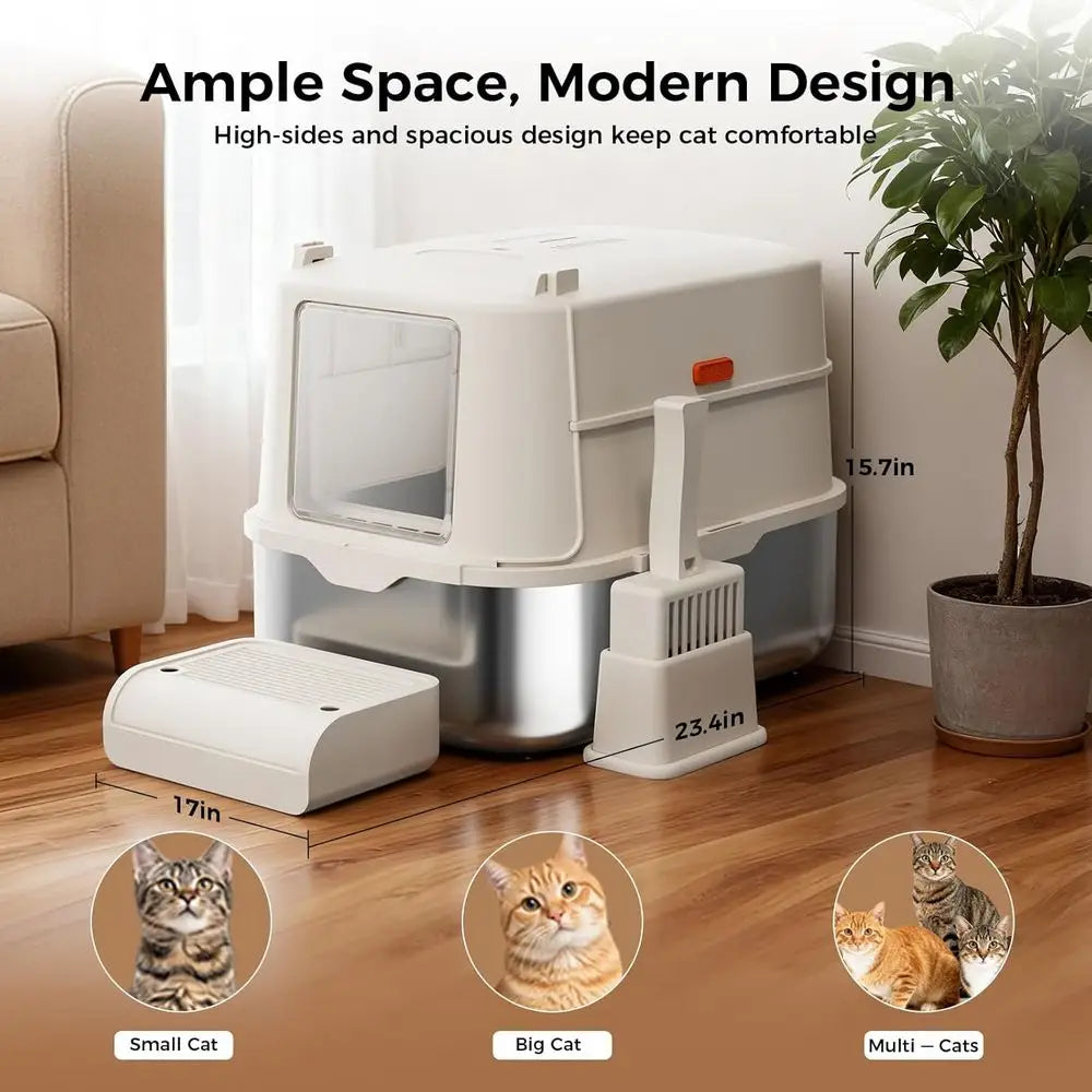 High-Sided Stainless Steel Cat Litter Box With Lid And Scoop
