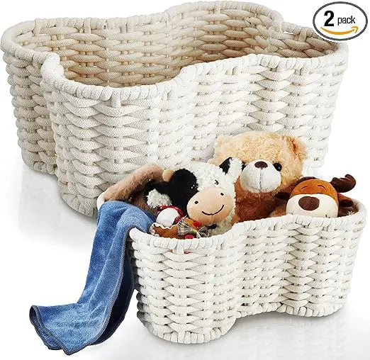 Two Pack Bone Shaped Dog Toy Baskets Handmade Cotton Rope Organizer