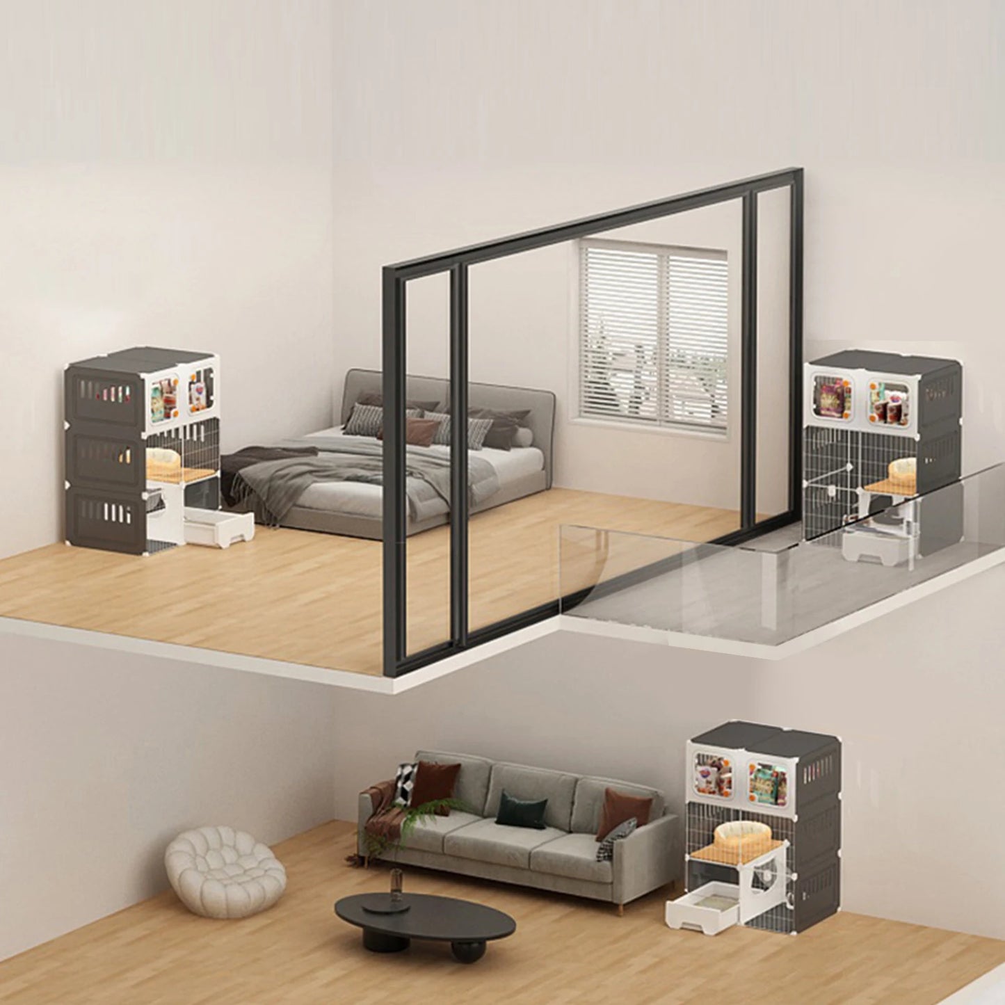 Integrated Cat House With Bed Indoor Cage Scratcher Crate Catio Villa