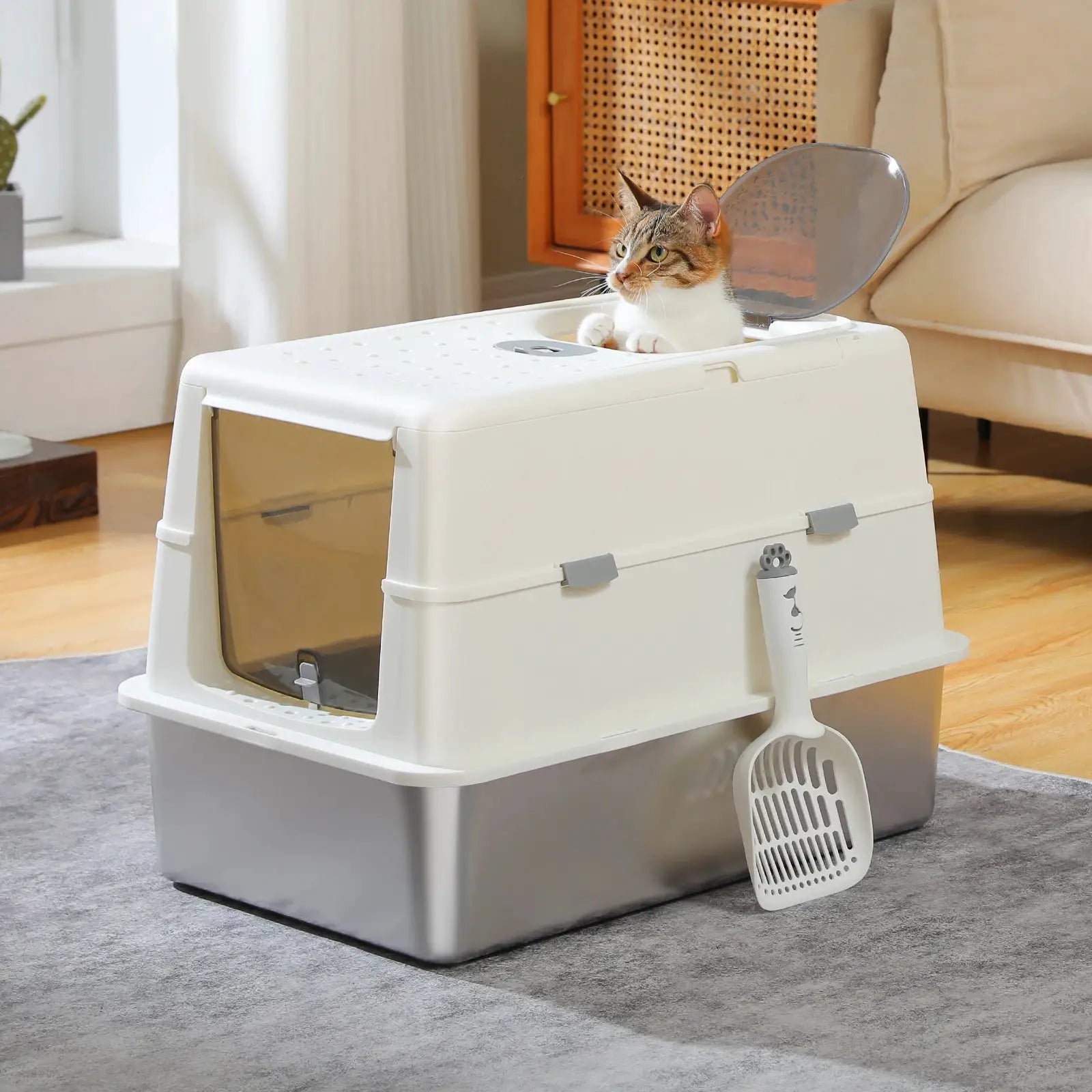 Stainless Steel Cat Litter Box with Scoop, High Sides Large Enclosed Litter Box for Indoor, Front & Top Dual Entry for Big Cats by Furtastic Pet Essentials