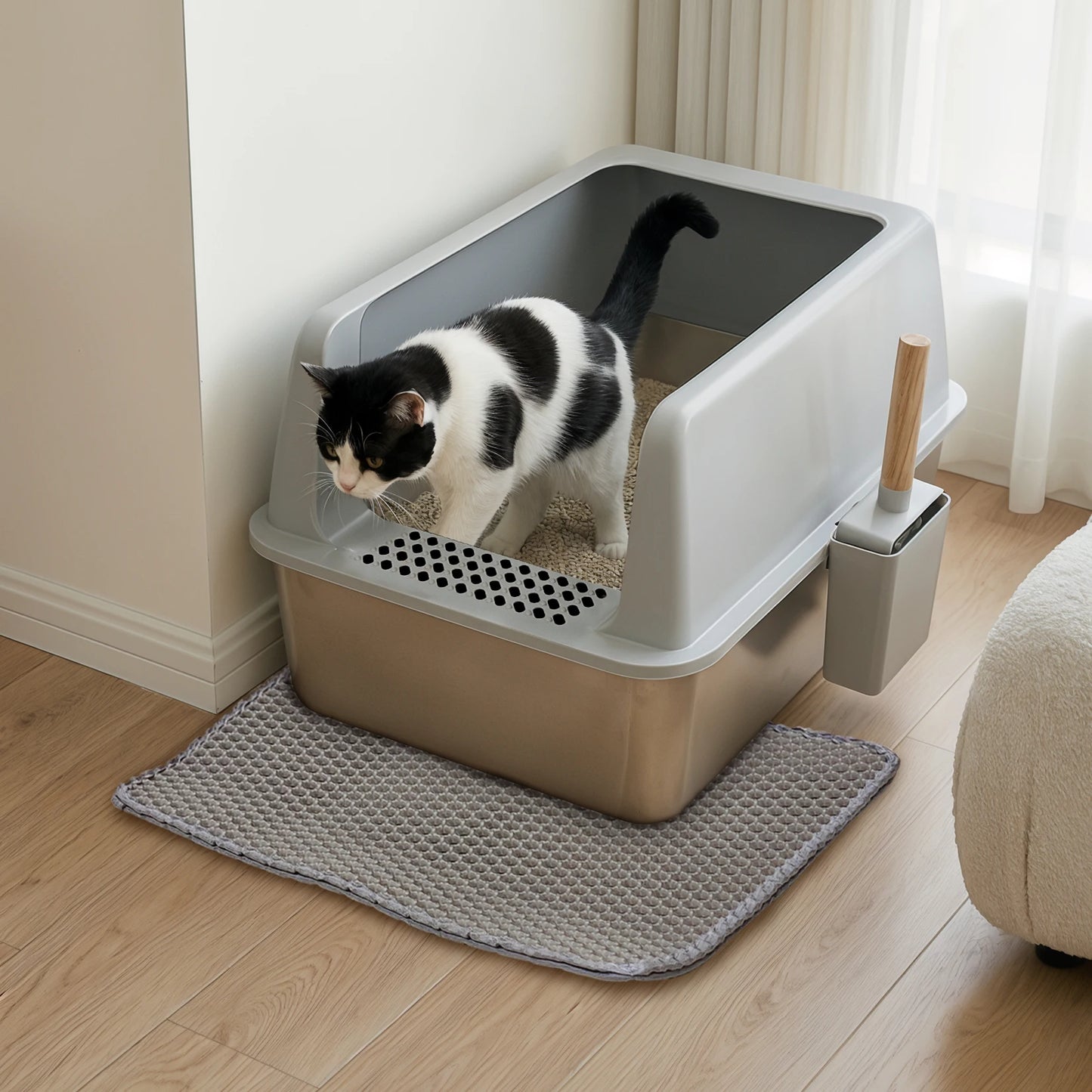 Stainless Steel Cat Litter Tray Open High Sided With Mat