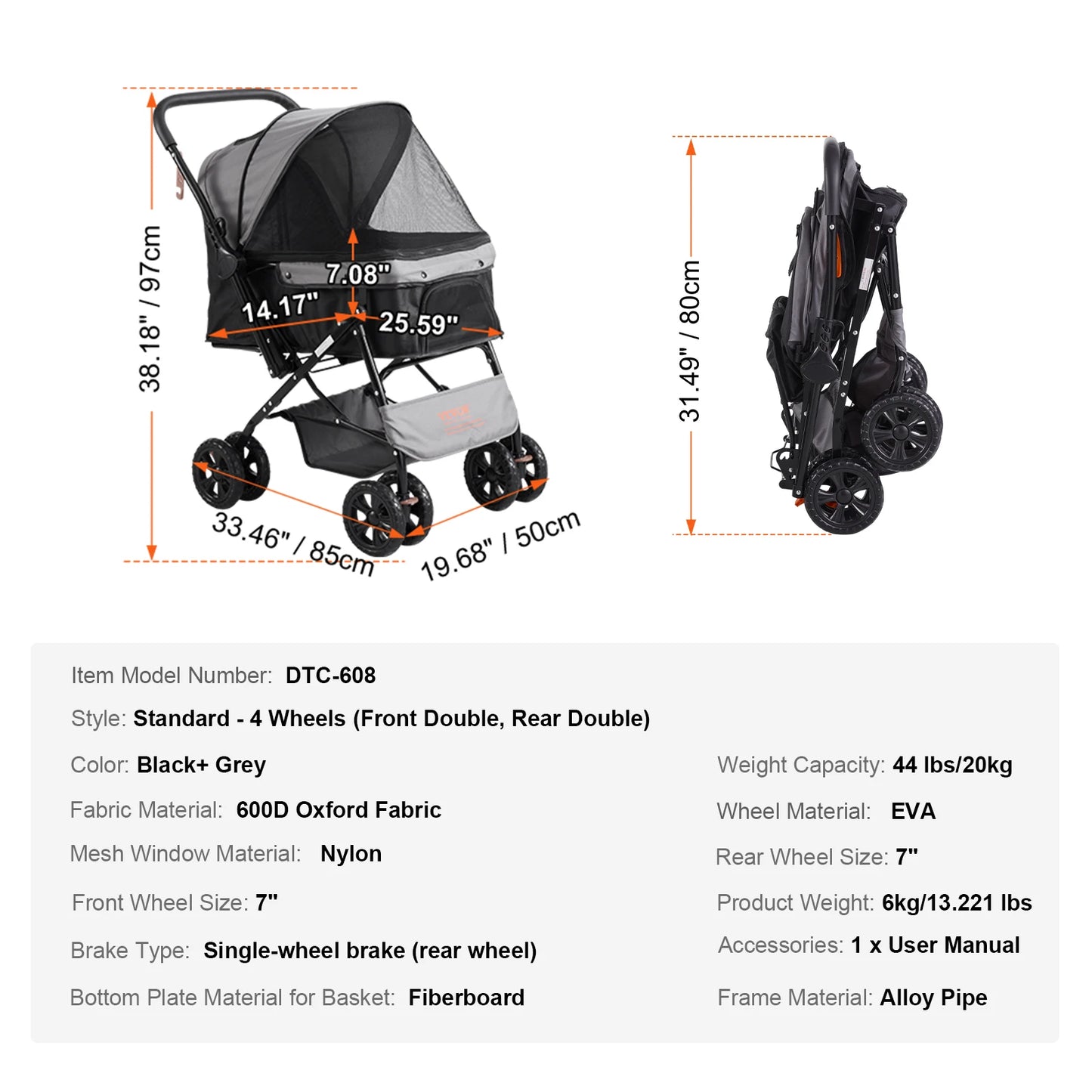 SucceBuy Pet Stroller Carrier For Dogs And Cats With Brakes