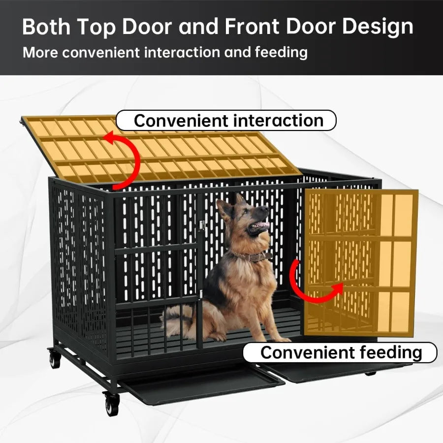 Heavy Duty Dog Crate With Wheels Folding Metal Cage Indestructible